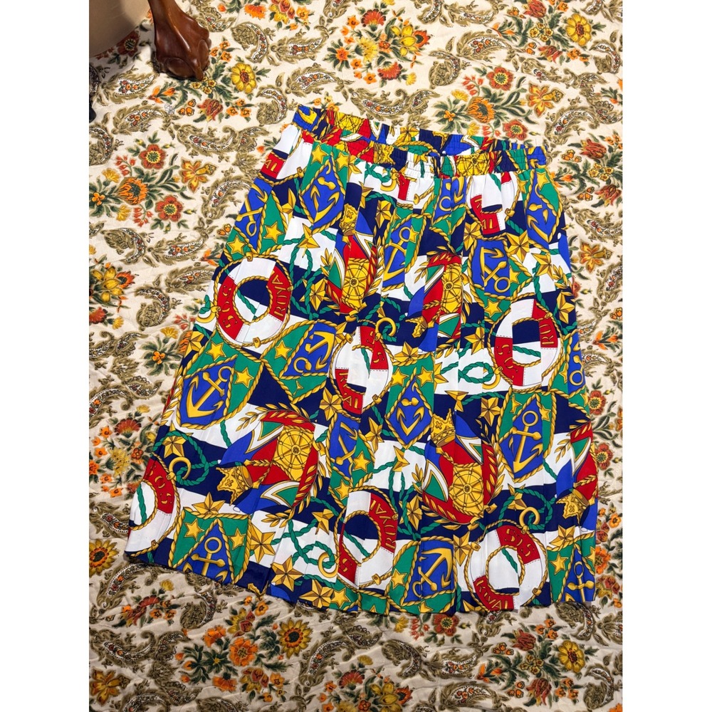 Andrea Gayle Vintage Nautical Print Pleated Midi Skirt Plus Size 1X Multicolor